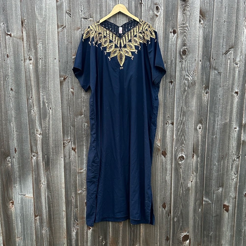 Handmade Navy Maxi Dress with Gold Embellishments. EUC